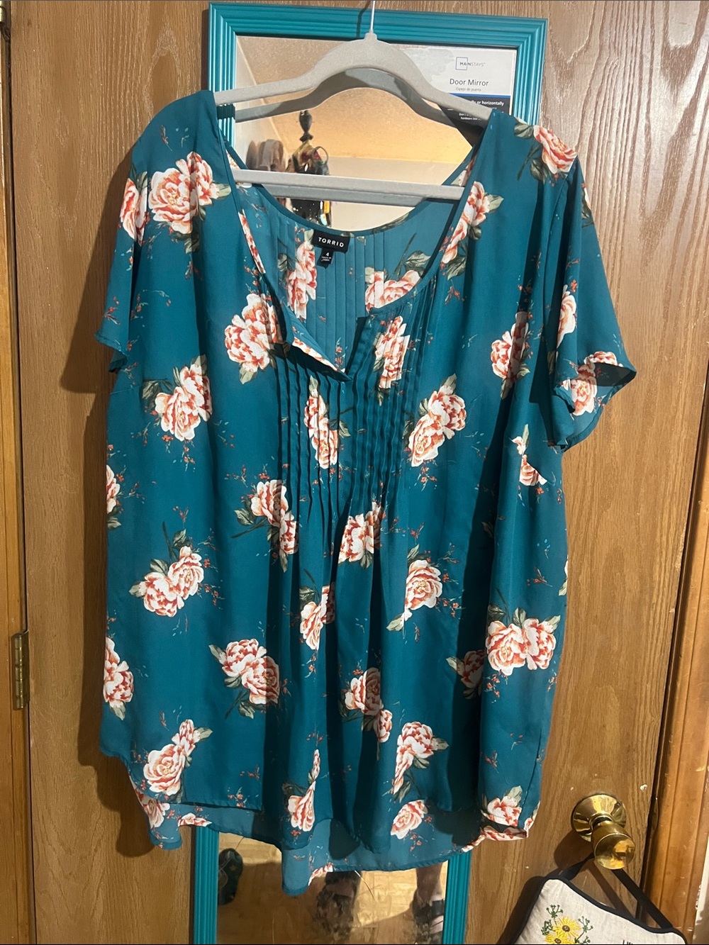 torrid Teal Rose-Print Pintuck Peasant Blouse